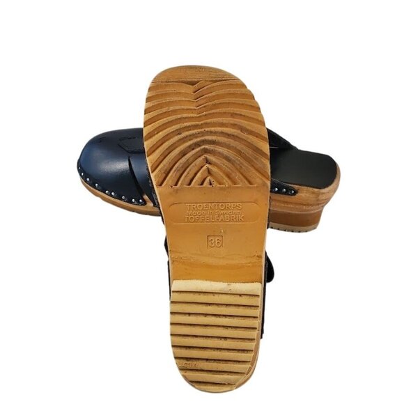 Troentorp Swedish Leather Clogs Navy Cut-Out Wood Sole Sandals Size 36 - Picture 6 of 11